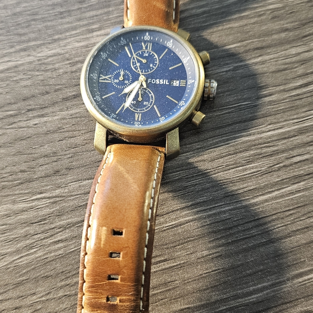 Fossil Blue Dial Watch with Brown Leather Strap